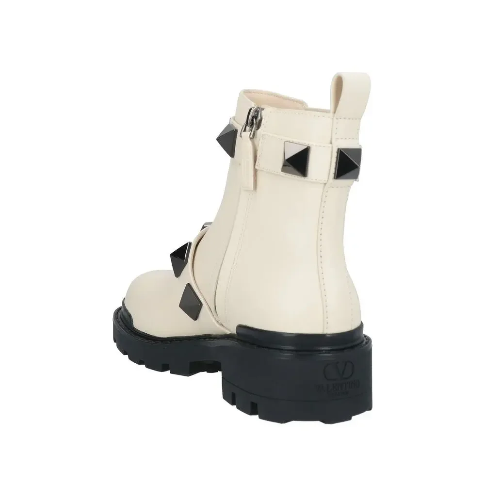 Valentino Garavani Roman Stud Ankle Boots in Calfskin Ivory Black 38